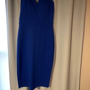 Bold, strapless, blue dress